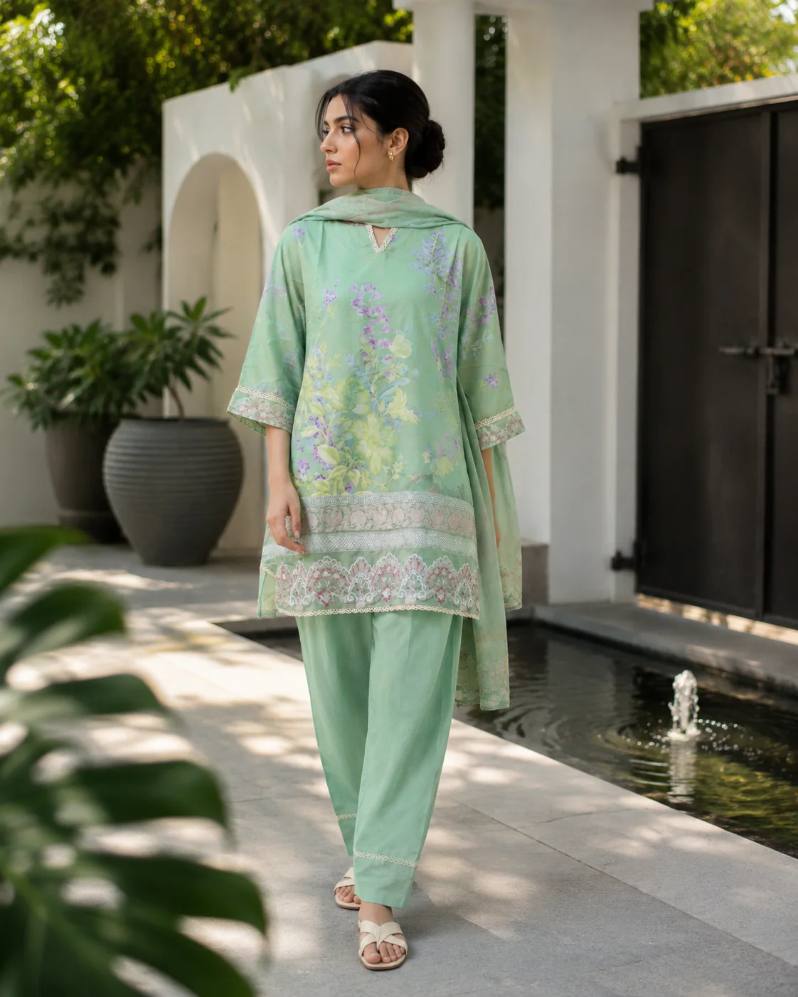 Mint Meadow – Mint Green Floral Printed 3-Piece Suit