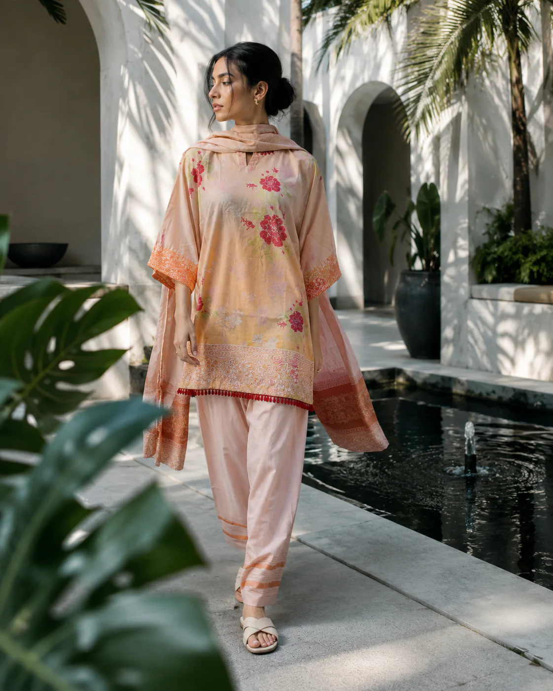 Rosette Dawn – Peach Floral Printed 3-Piece Suit