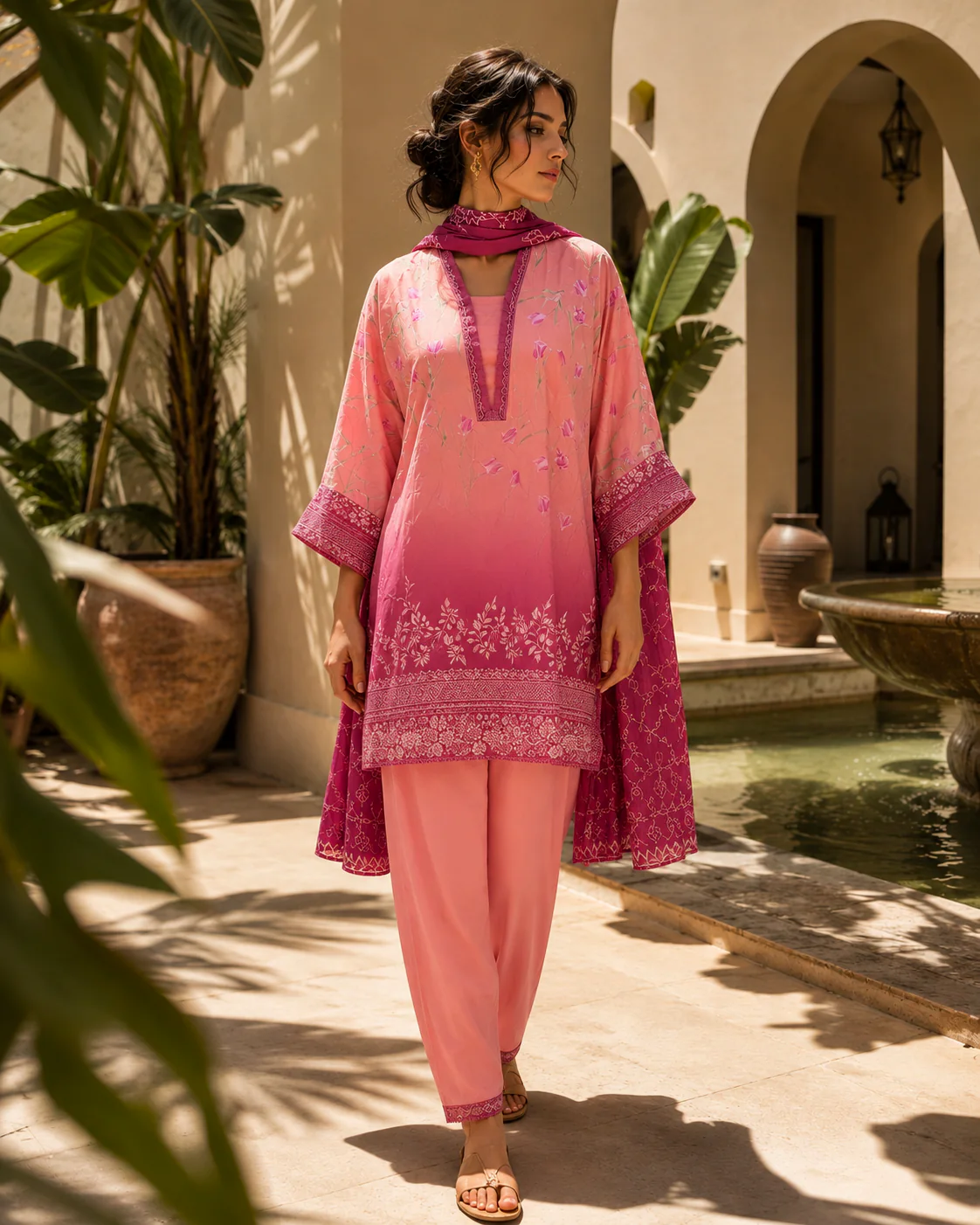 Tulip Reverie – Coral Pink Printed 3-Piece Suit